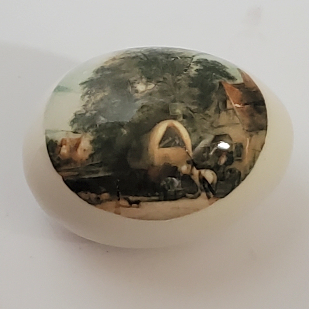 Vintage Bisque Egg w/Covered Wagon Scene Transfer Design Glazed/Glossy Appr 2"L